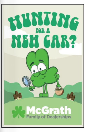 Illustration of a green cartoon character holding a magnifying glass and a basket, with the text 'Hunting for a New Car?' and a McGrath Family of Dealerships logo.