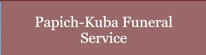 Sign with white text on a maroon background that reads "Papich-Kuba Funeral Service"