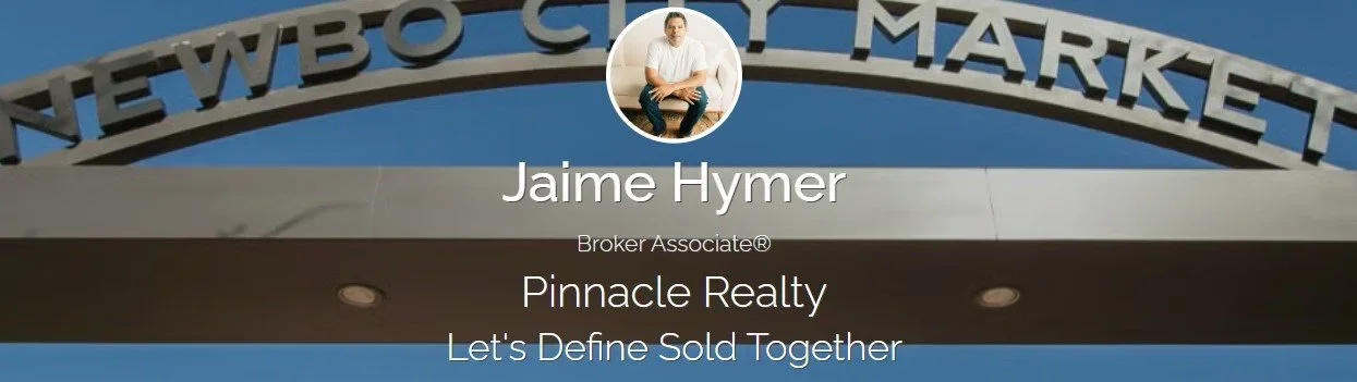 Real estate agent profile overlay on a photo of the New York City Market sign.