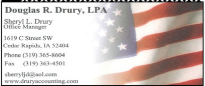 Close-up of a business card for Douglas R. Drury, LPA, with an American flag background. The card includes contact information and website details.