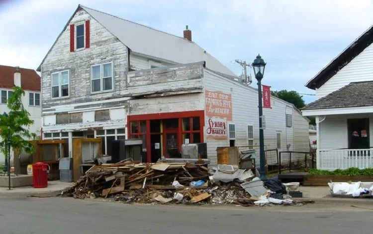 Old white building with red trim and a sign for a bakery, surrounded by a large pile of debris and trash on the sidewalk, under a cloudy sky.