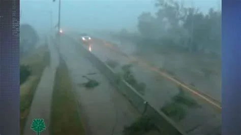 Flooded road with fallen trees and debris, heavy rain, and a car in the distance.