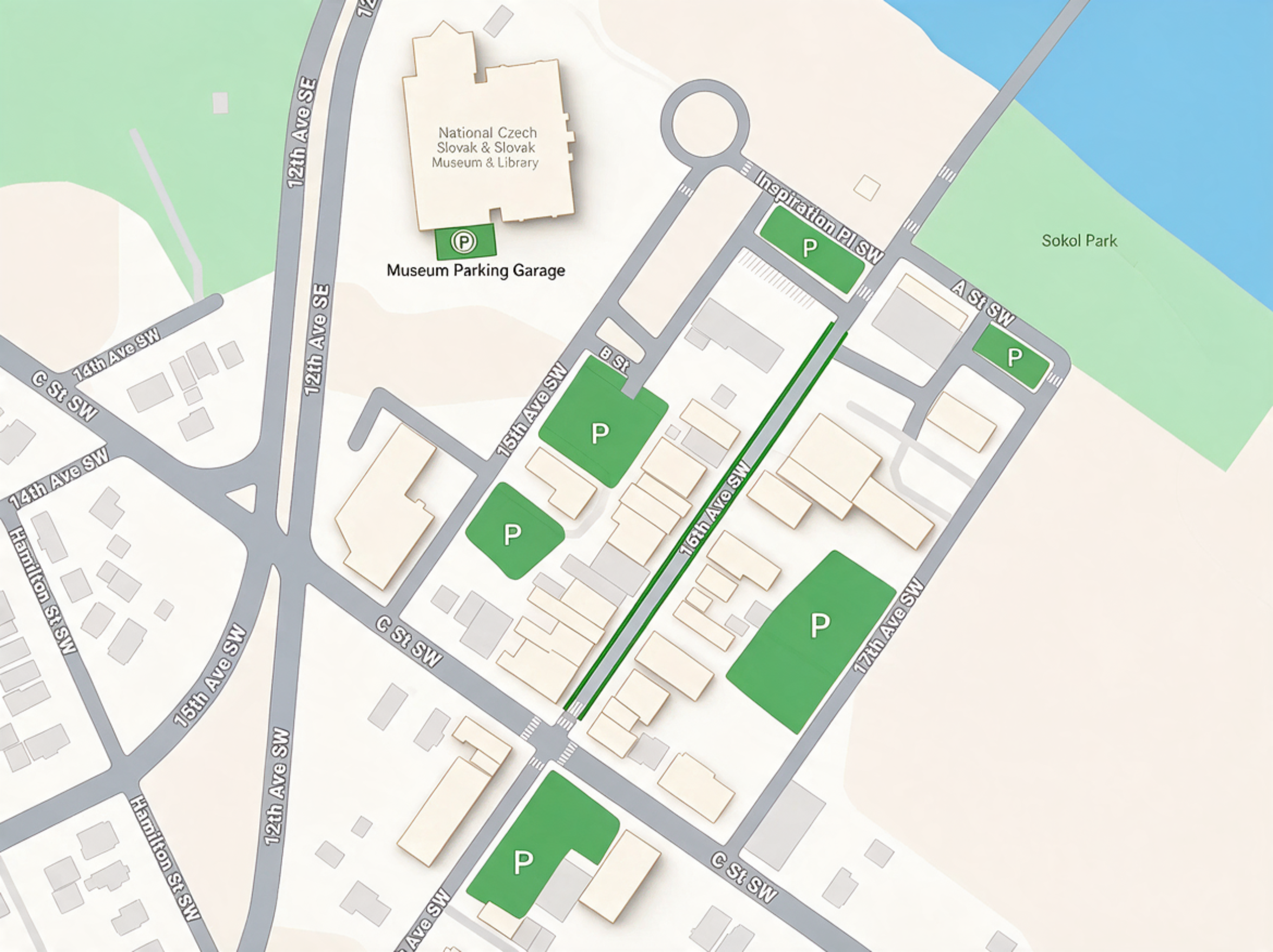Map showing the location of the National Czech Slovak & Slovak Museum & Library, with parking areas marked as 'P,' nearby streets, and Sokol Park in the background.