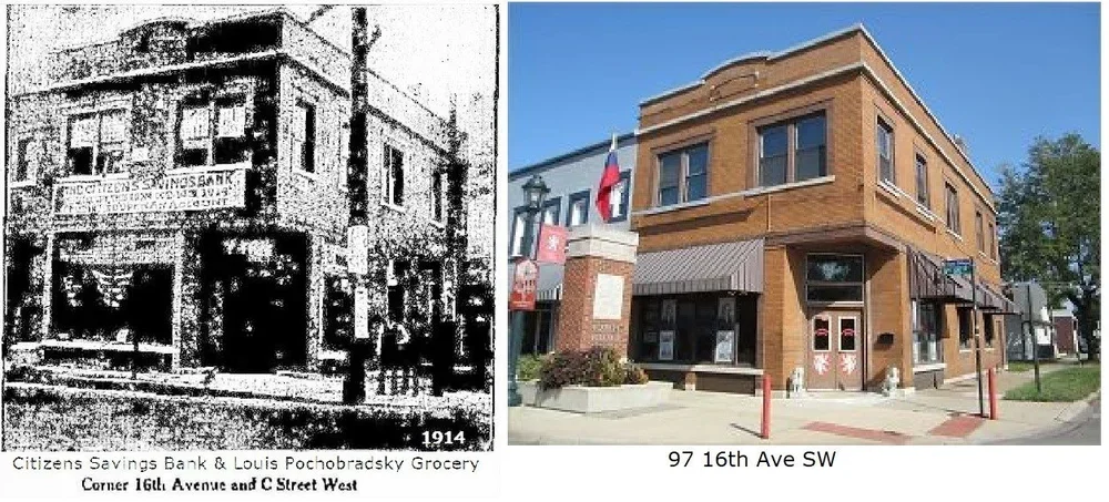 The left image is a black and white photo of a historic building from 1914, Citizens Savings Bank & Louis Pochnoc-padowsky Grocery, located at Corner 16th Avenue and C Street West. The right image is a modern, color photo of a brick building at 97 16