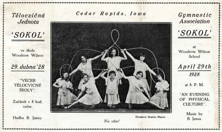 A black and white poster for a gymnastics event in Cedar Rapids, Iowa, featuring a group of young girls performing with jump ropes, scheduled for April 29th, 1928, at Woodrow Wilson School.