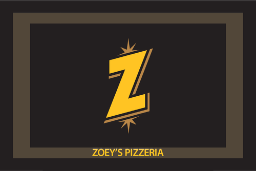 Logo for Zoey's Pizzeria featuring a large yellow 'Z' with starburst accents on a black background.