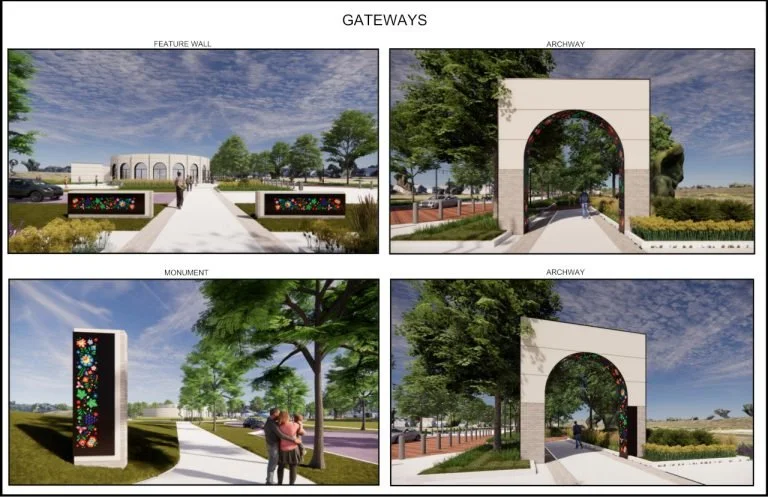 Digital rendering of park gateways, including feature wall, archways, and monument with colorful floral designs, surrounded by greenery and pathways.