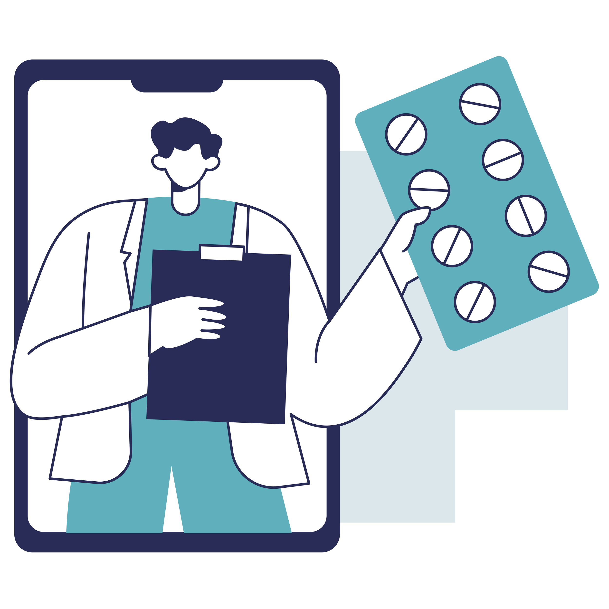 Illustration of a person in a white lab coat holding a tablet, with a large blue medicine blister pack with pills in the background.