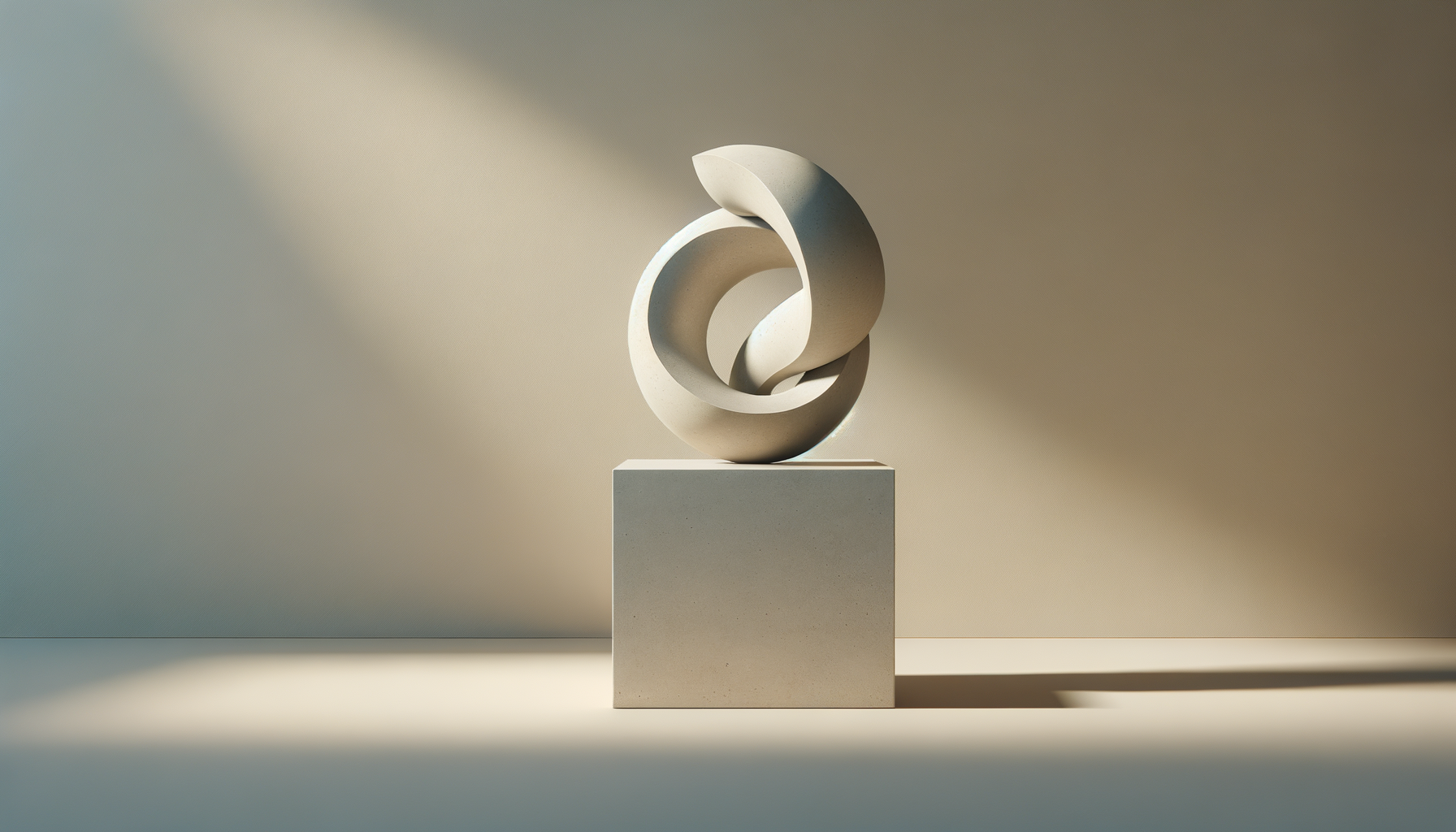 Abstract sculpture with intertwining curved shapes placed on a pedestal in a minimalist setting with soft lighting and neutral background.