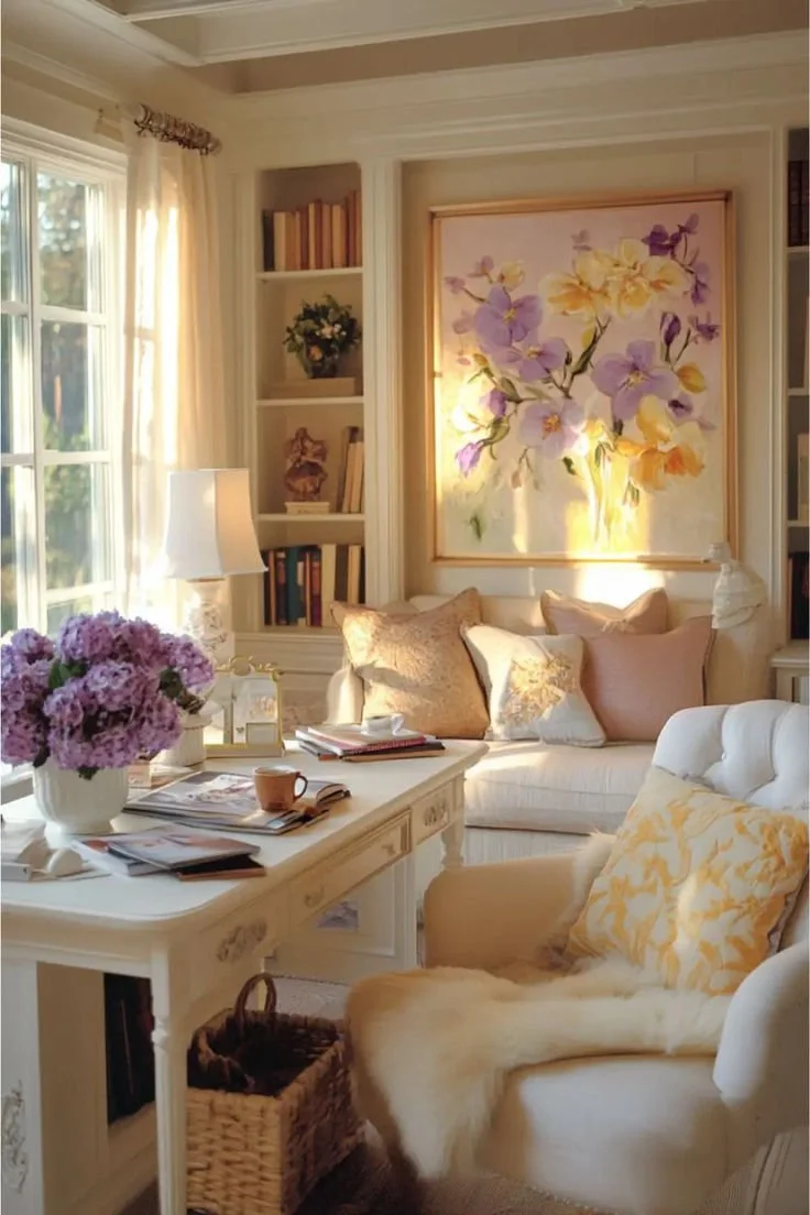 Sunlit cozy living room with cream-colored furniture, purple and yellow flower artwork, pastel pillows, a white coffee table with flowers and magazines, and bookshelves in the background.