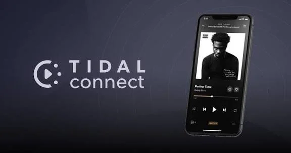 Tidal Connect logo next to a smartphone displaying a music player app with album art and playback controls.