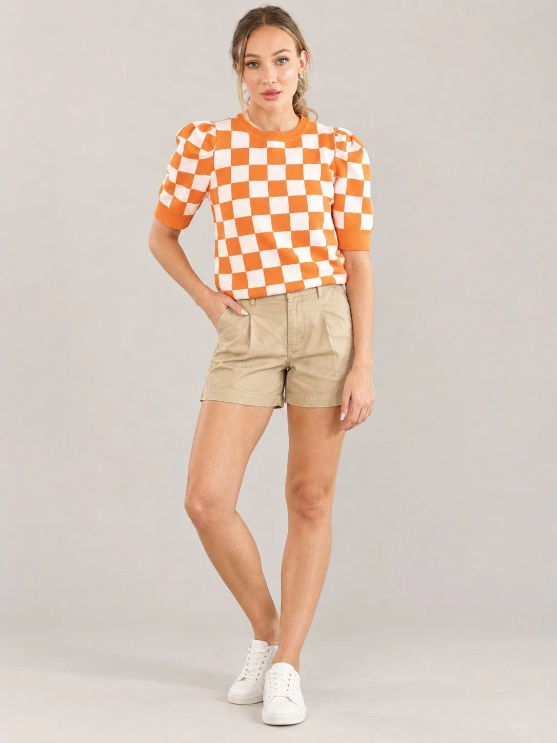 Checkerboard Charm Crew Neck Top