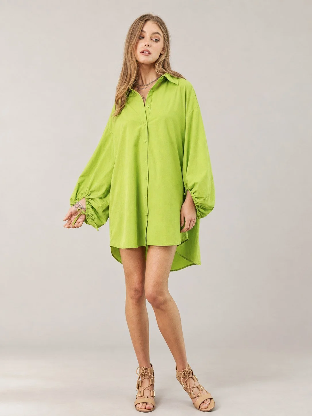 Apple Green Hi-Lo Balloon Sleeve Shirt Dress