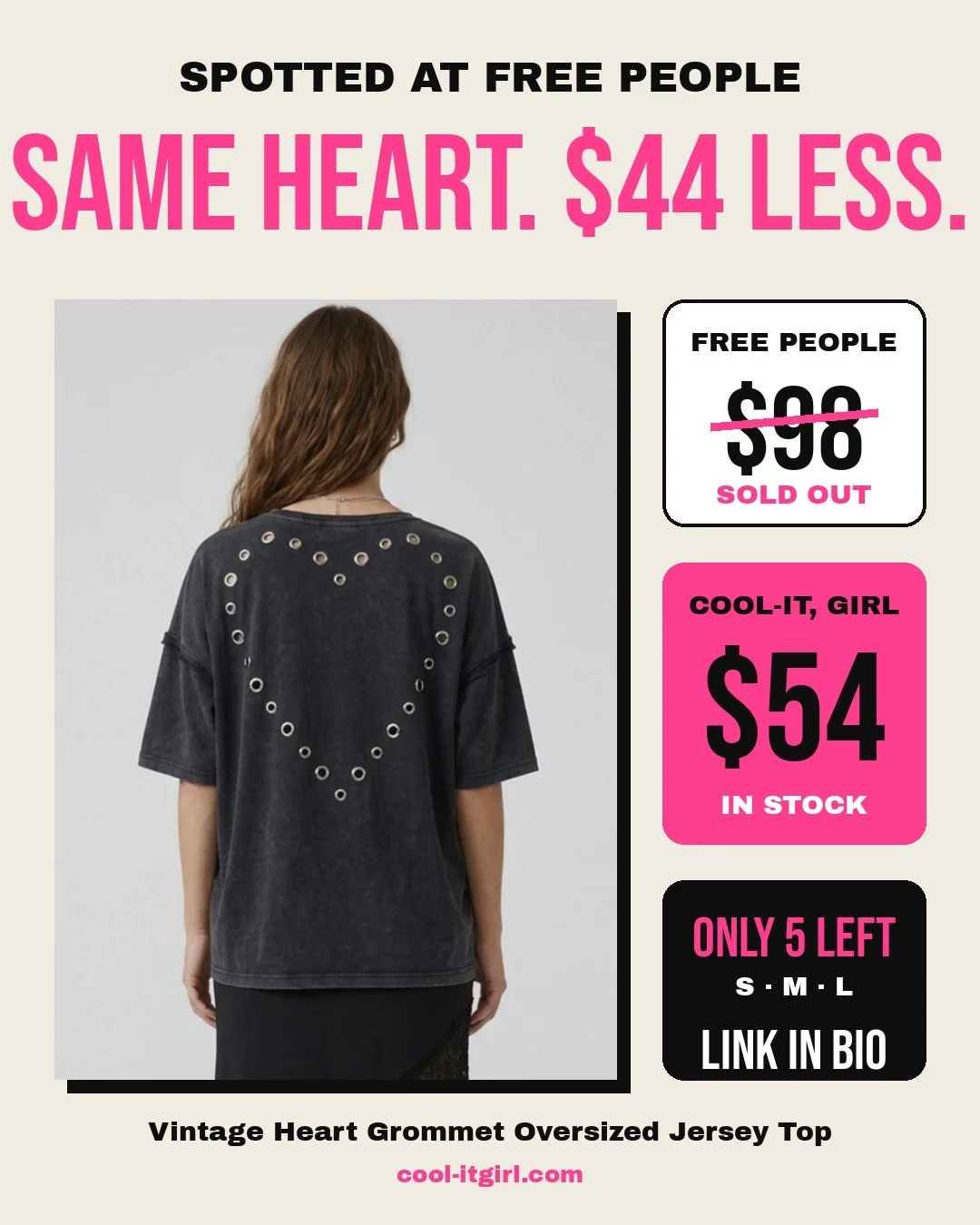Spotted: the We The Free Love Me Oversized Tee at Free People for $98, and it's sold out. Ours is $54 and still in stock. Same slouchy washed black tee, same grommet heart on the back.

Only 5 left in S, M and L. Shop it at the link in bio.

#freepeo