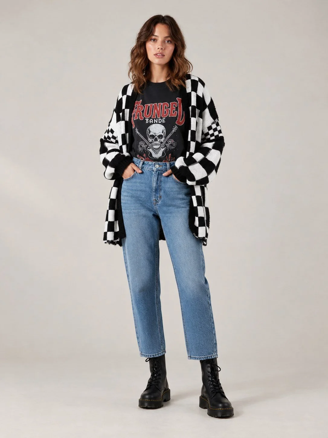 Checkered Two-Tone Crochet Cardigan