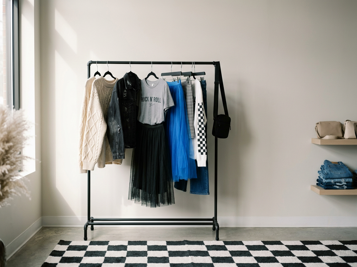 Clothing rack with various garments including sweaters, denim jacket, t-shirt, skirts, and pants in a minimalistic room with a black-and-white checkered rug. graphic tees, graphic sweatshirts, alt girl vibes, cool girl, it- girl, fashion, trendy