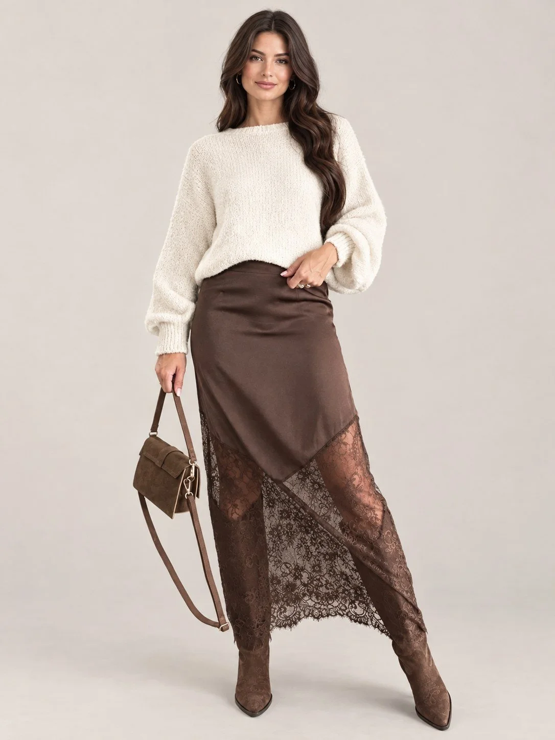 Chocolate Satin V-Lace Skirt