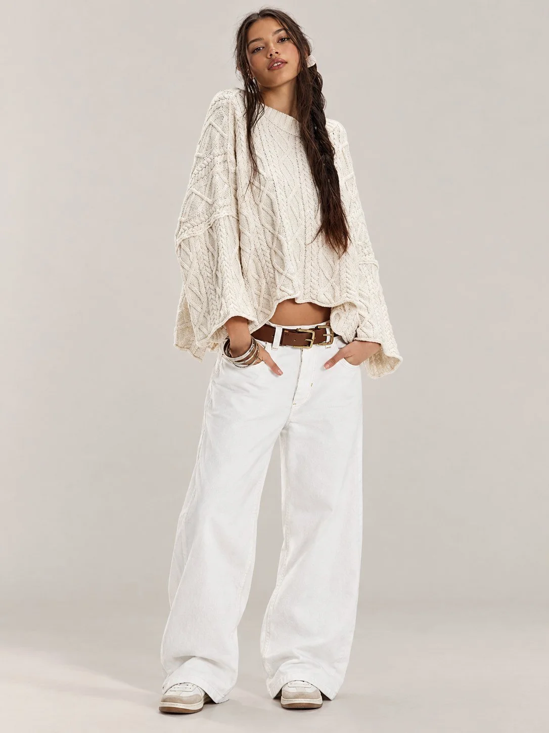 Cropped Cable Knit Sweater with Bell Sleeves