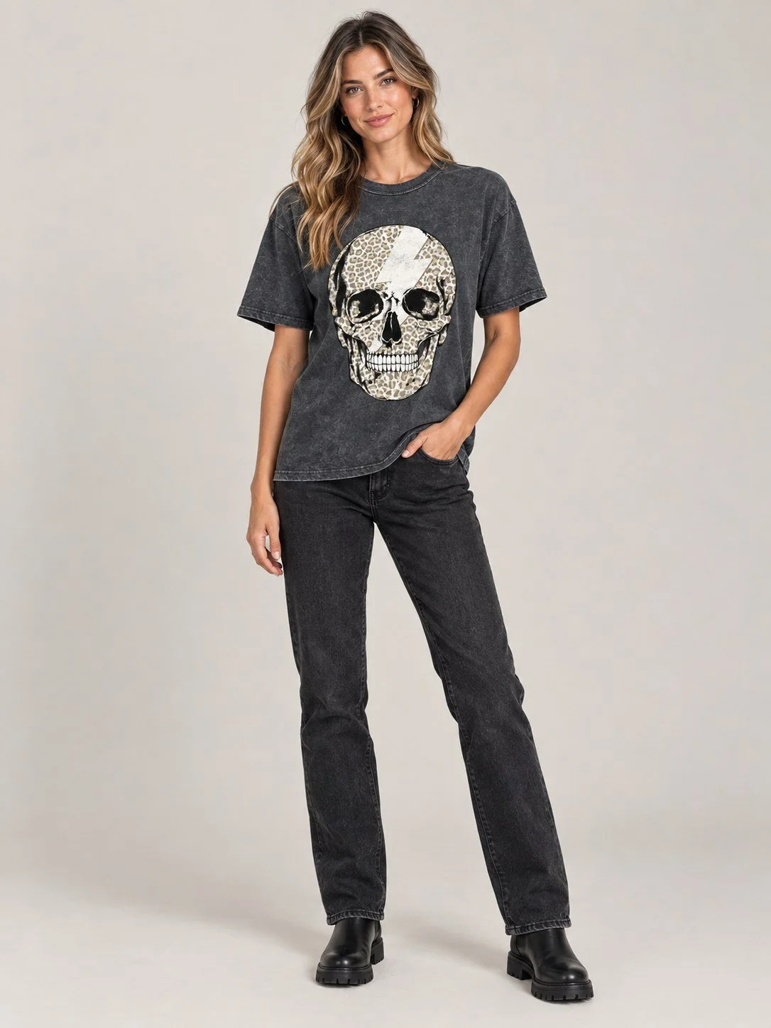 Skull Lightning Bolt Mineral Wash Graphic Tee
