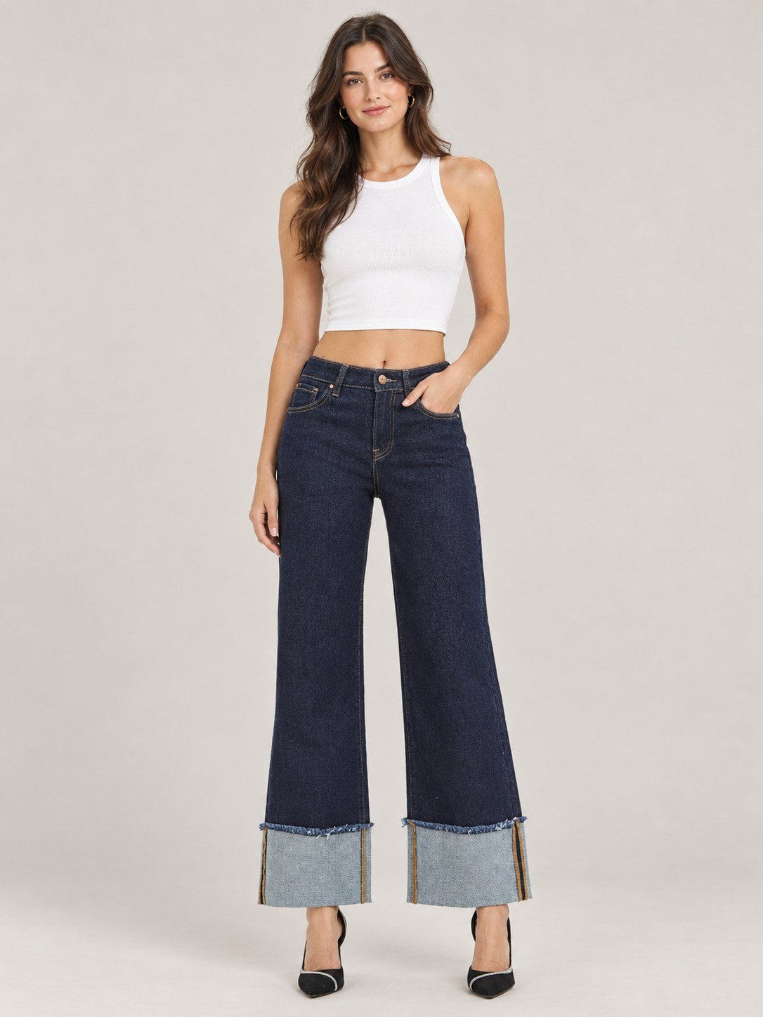 Mid Rise Crop Wide Leg Cuffed Jeans