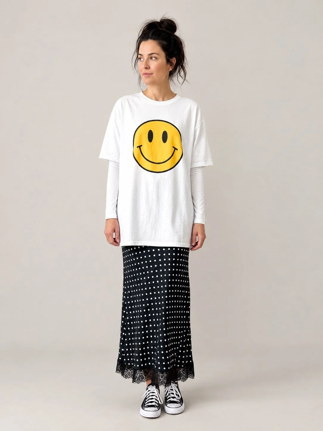 Polka Dot Lace Trim Satin Maxi Skirt