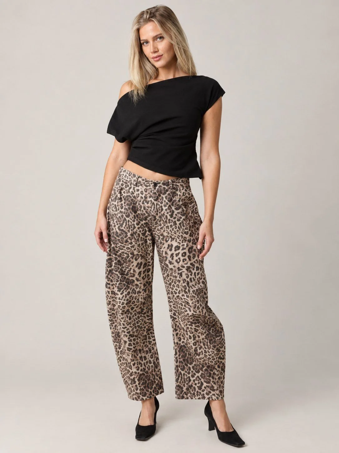 Elsie Beige Leopard Print Barrel Jeans