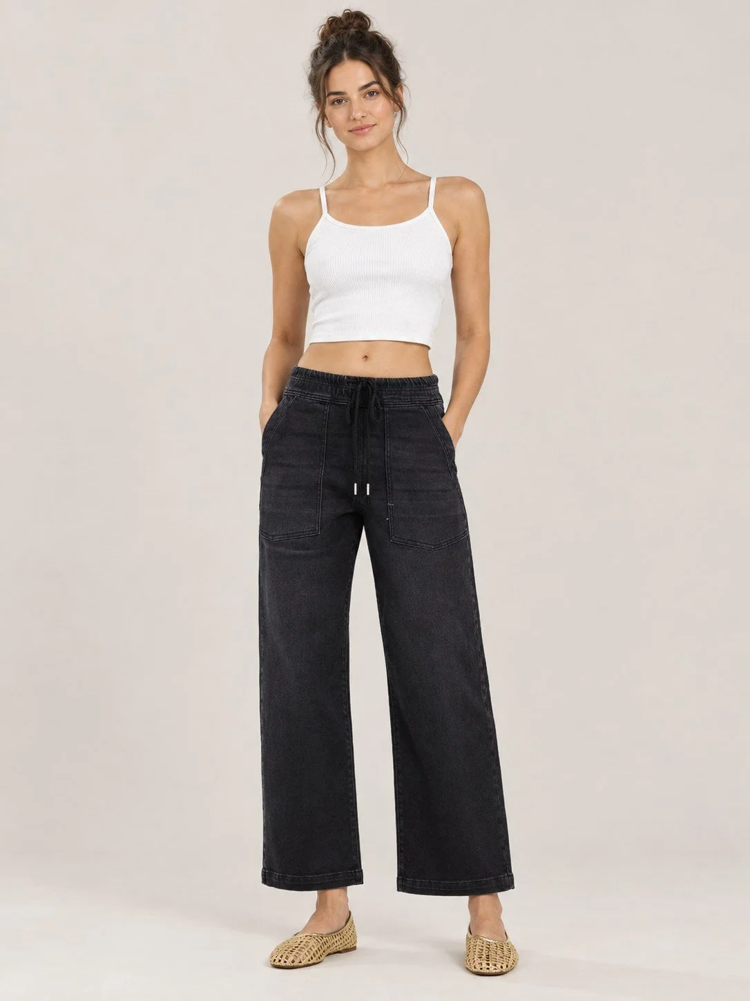 Elastic Waist Slouchy Crop Patch Pocket Jeans