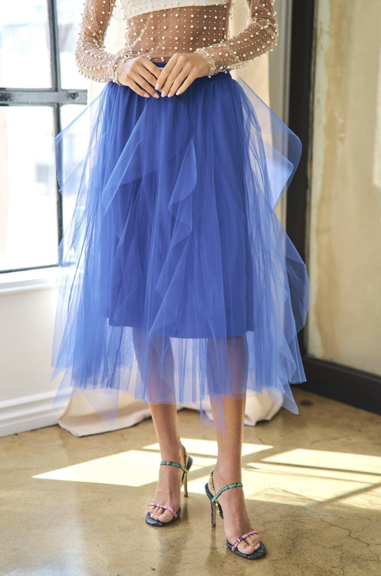 Davi & Dani. Fairy Ruffle Tulle Elastic Waist Midi Skirt.png