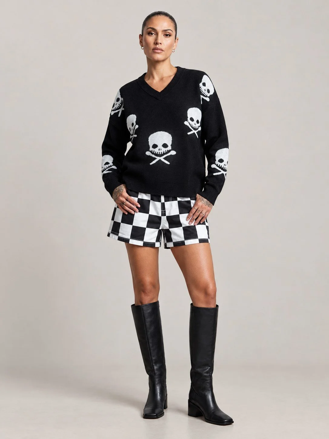 Skelly Skull Print V-Neck Sweater
