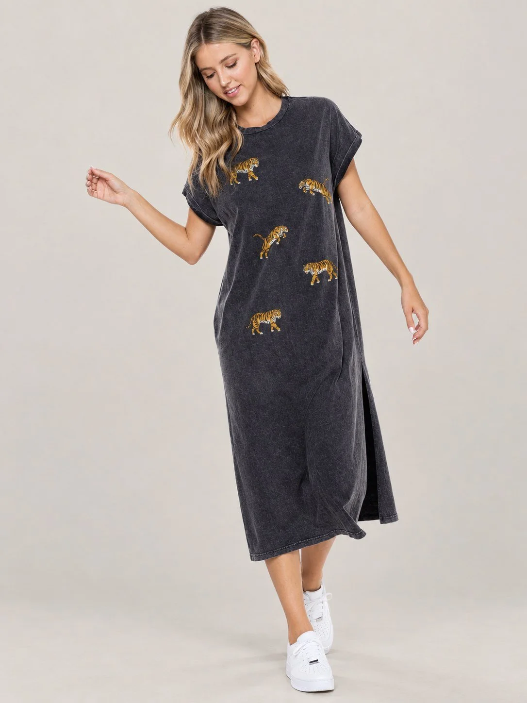Black Mineral Wash Tiger Graphic T-Shirt Dress
