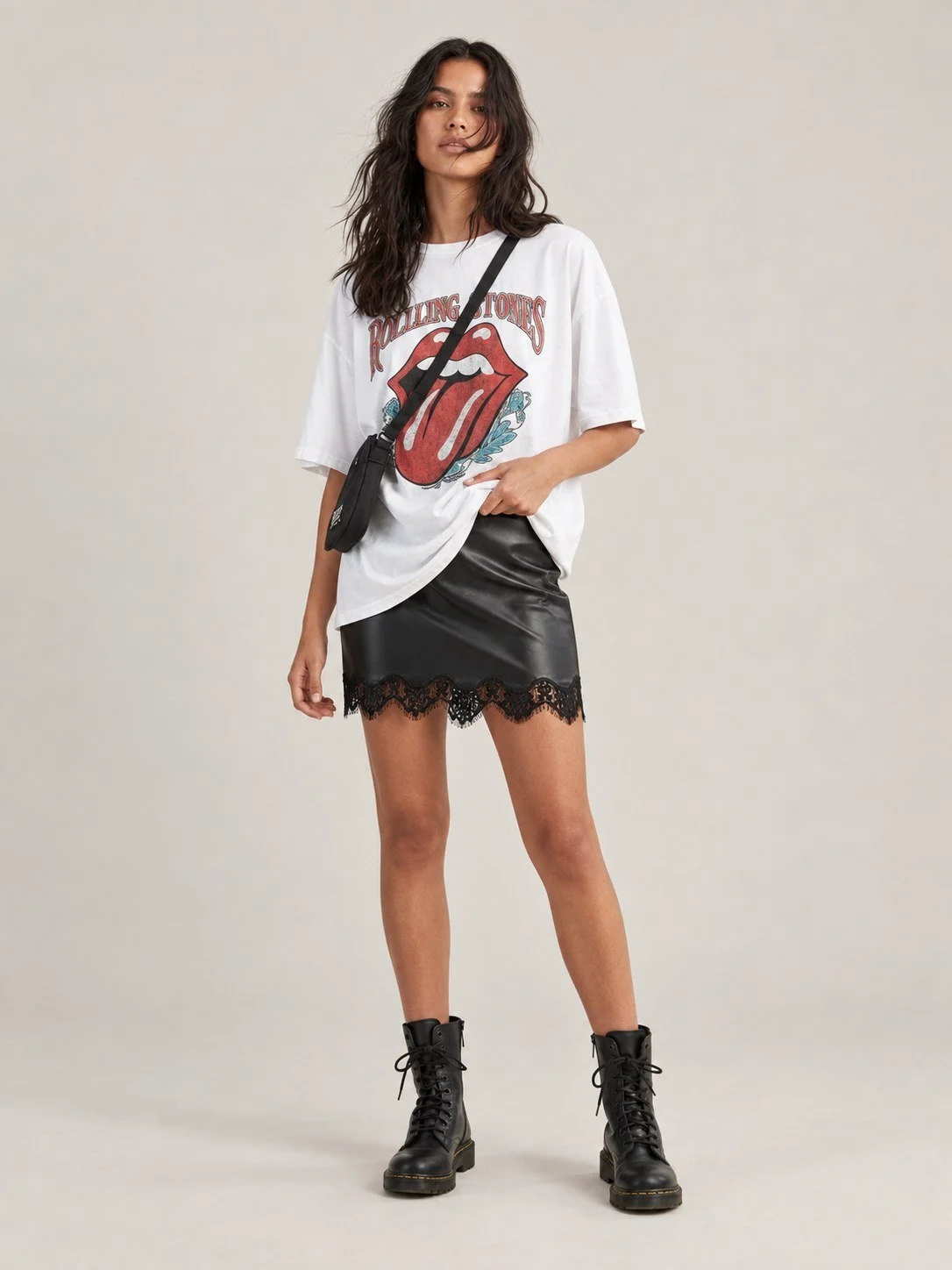 Scalloped Lace Trim Vegan Leather Mini Skirt