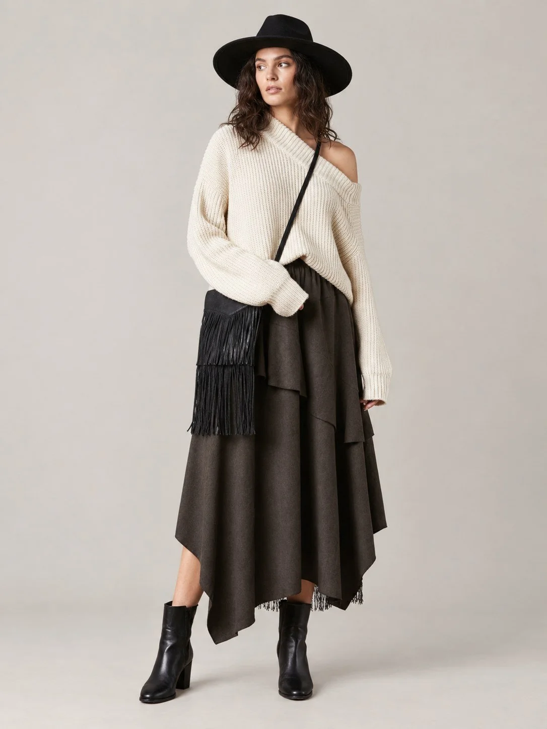 Faux Suede Layered Lace Hem Midi Skirt