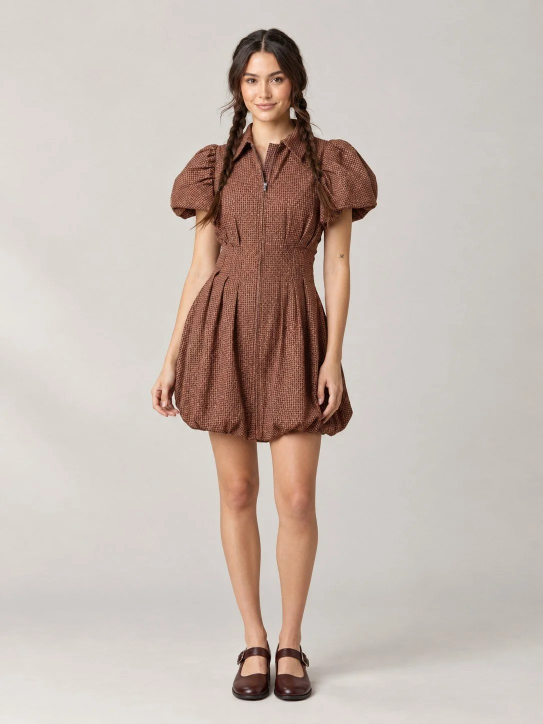 Puff Sleeve Bubble Hem Zip-Up Dress