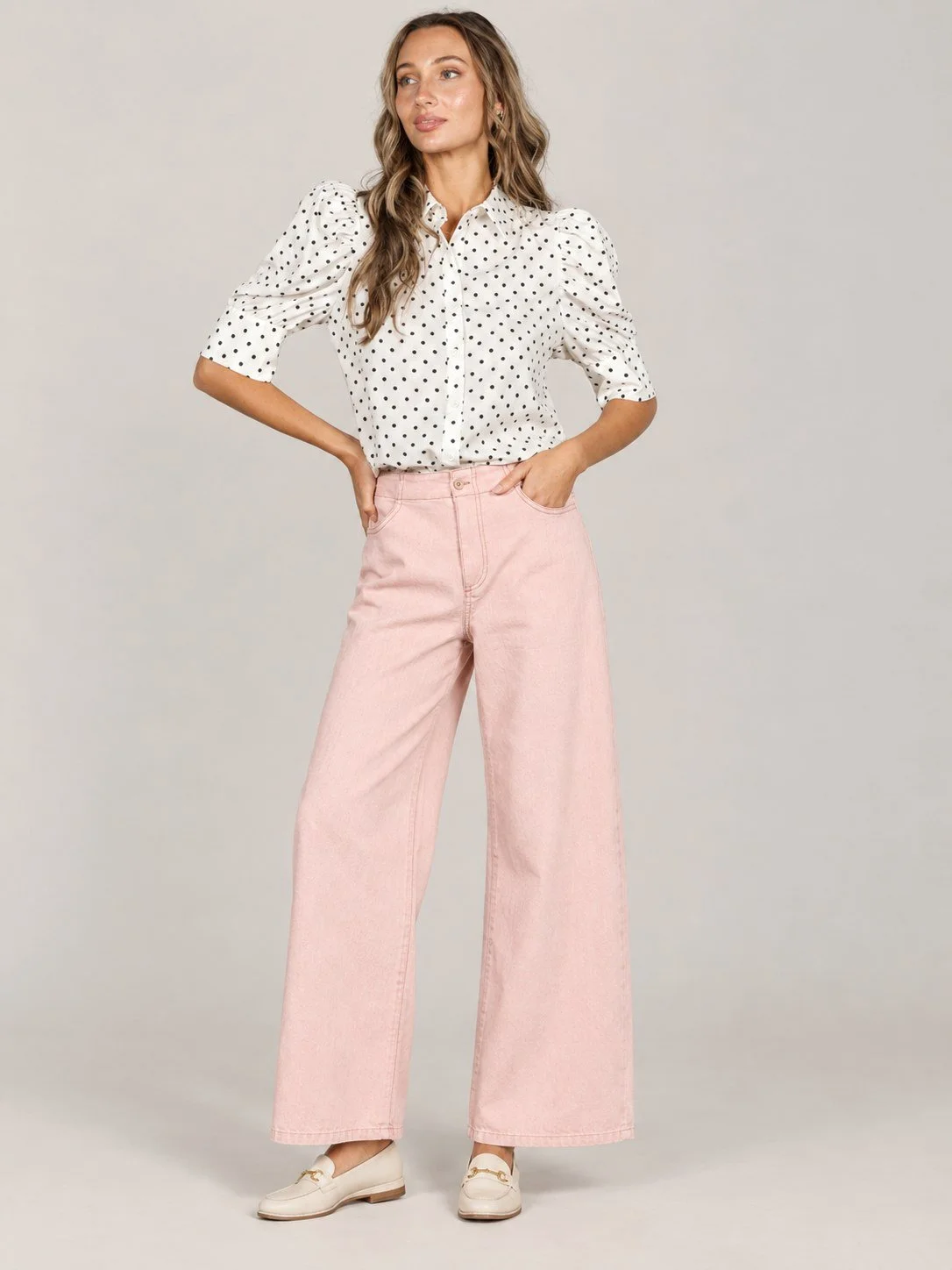 Puff Sleeve Button Down Polka Dot Blouse