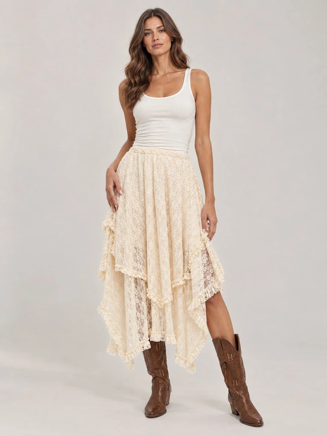 Amaya Asymmetrical Lace Midi Skirt