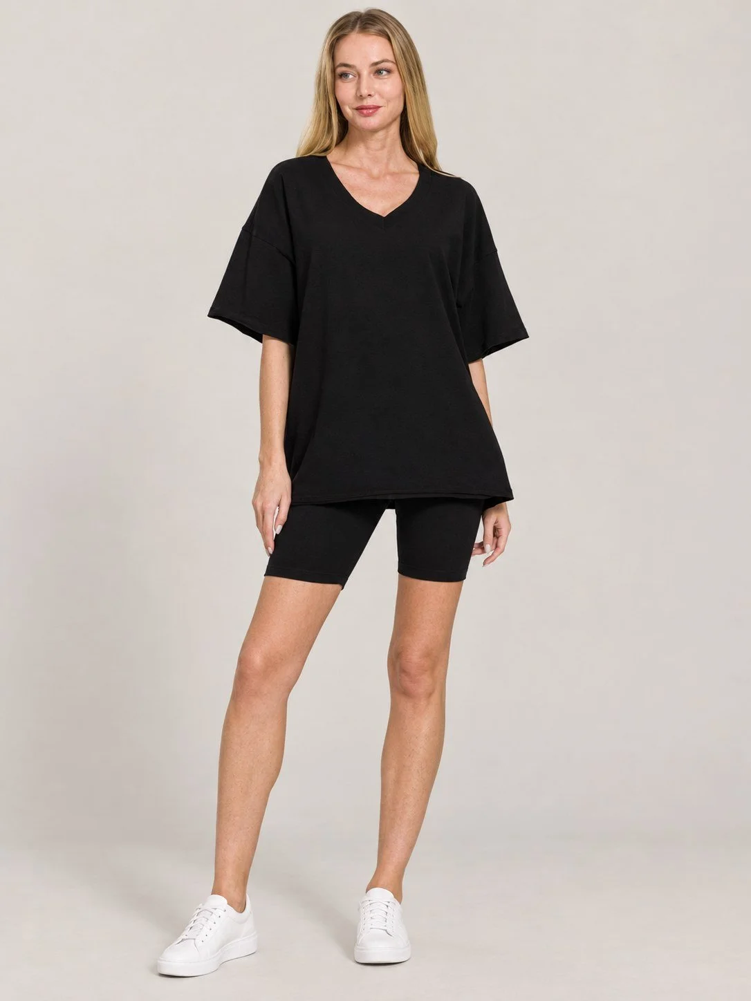 Cotton V-Neck Top & Biker Short Set