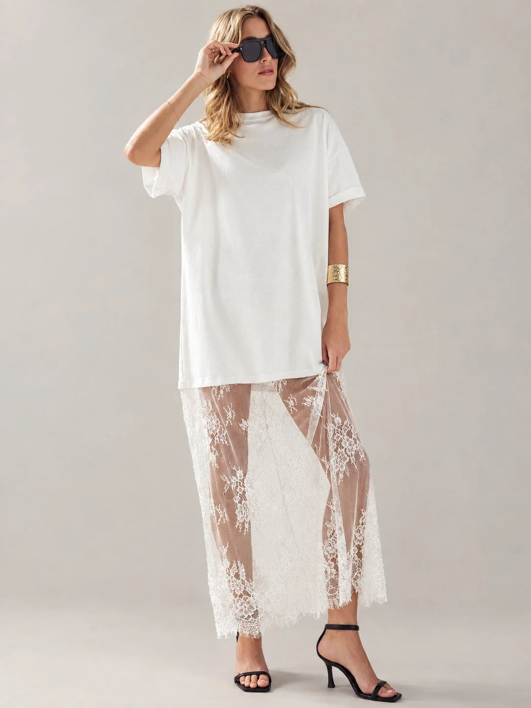 Mixed Media T-Shirt Dress with Lace Skirt