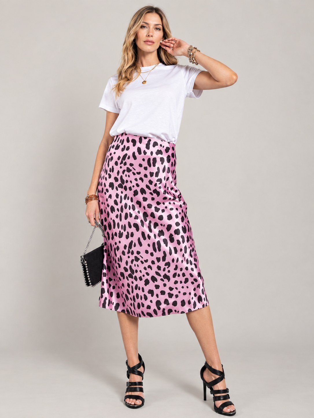 Pink Cheetah Print Satin Midi Skirt