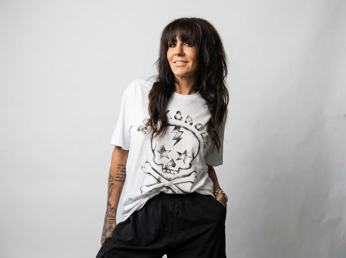 Cari wearing a white Rock & Roll skull tee and black pants