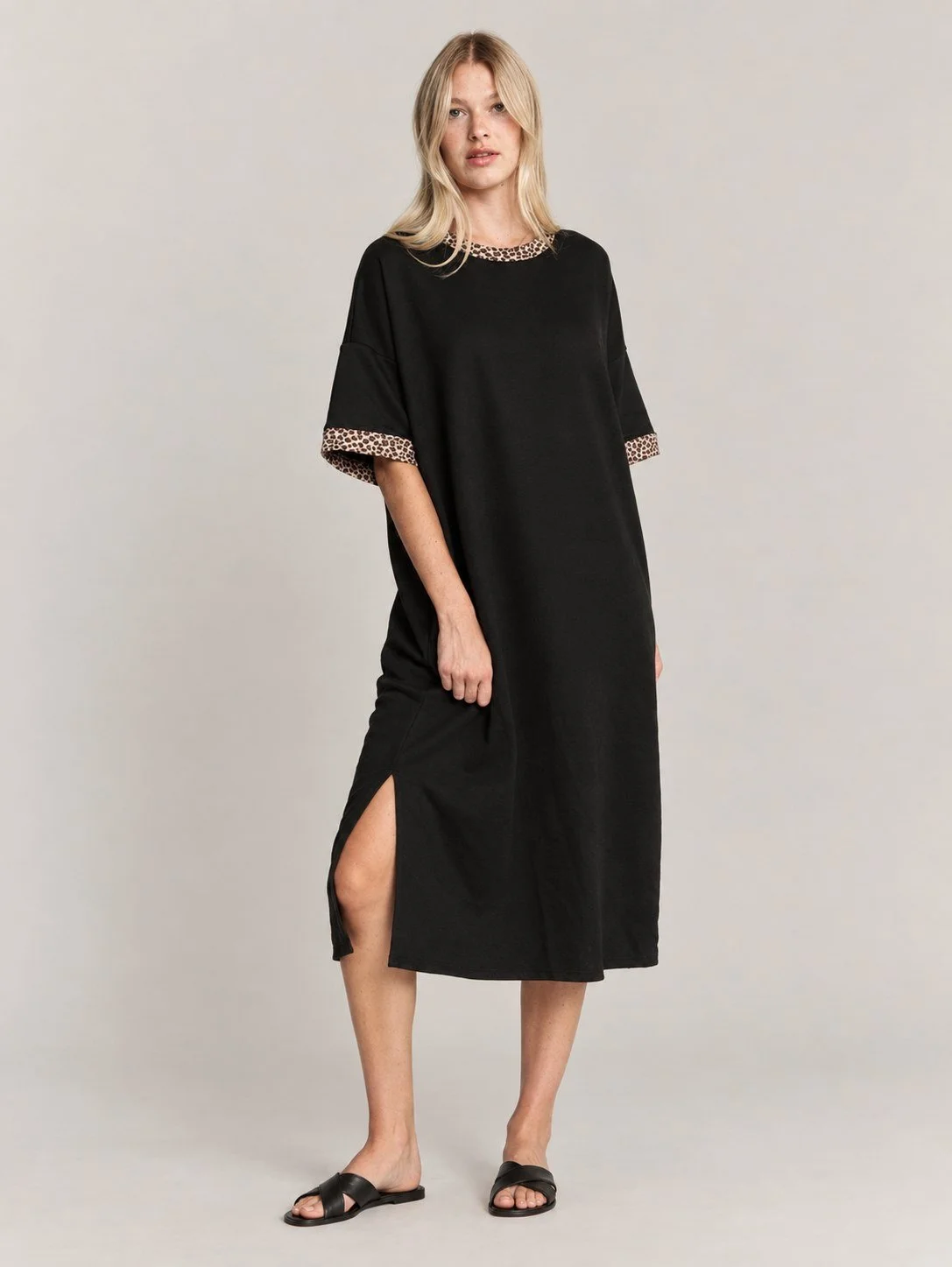 Leopard Accent Black Midi Dress