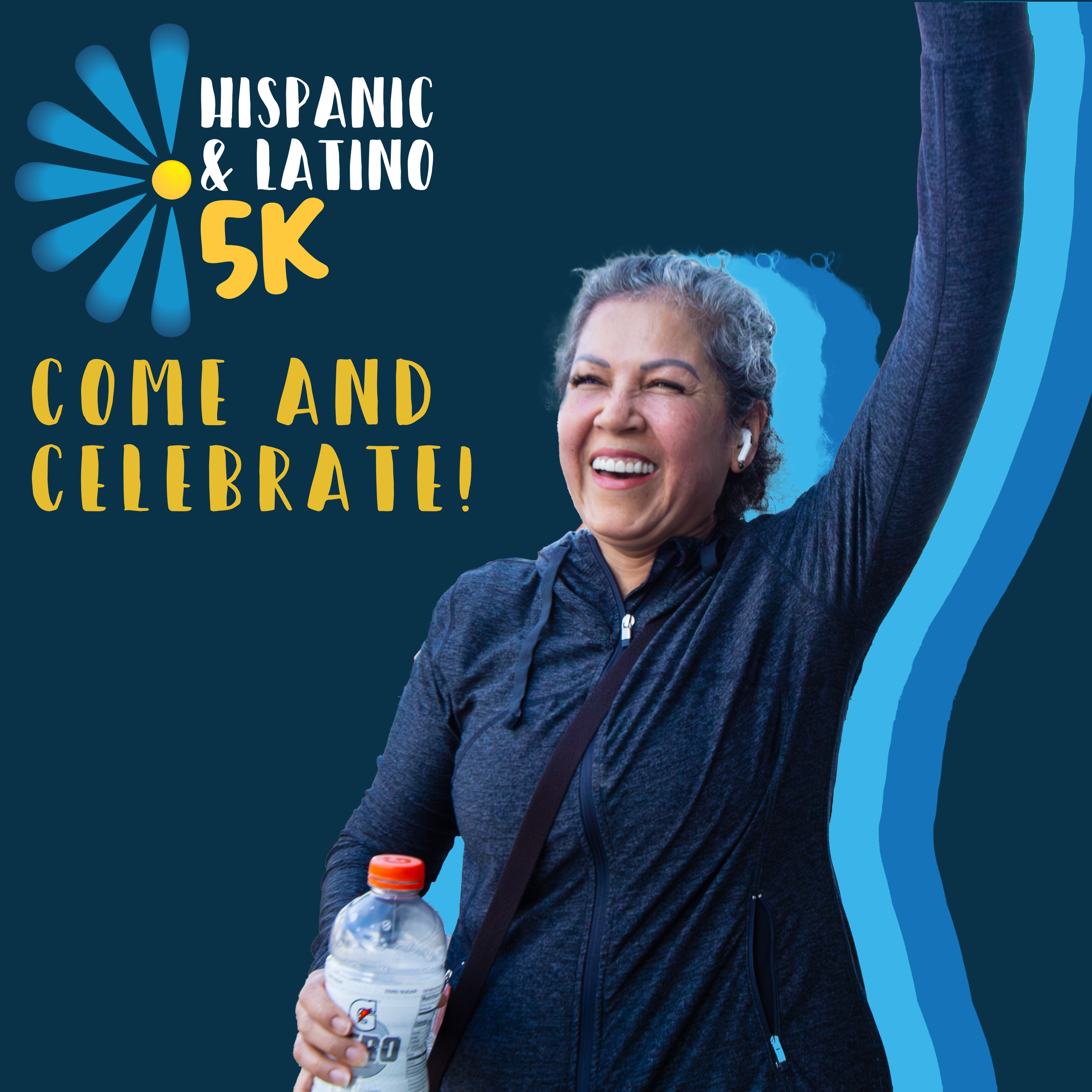 A woman smiling while holding a water bottle and raising her arm, with a blue background and partial view of text about Hispanic and Latino 5K event.