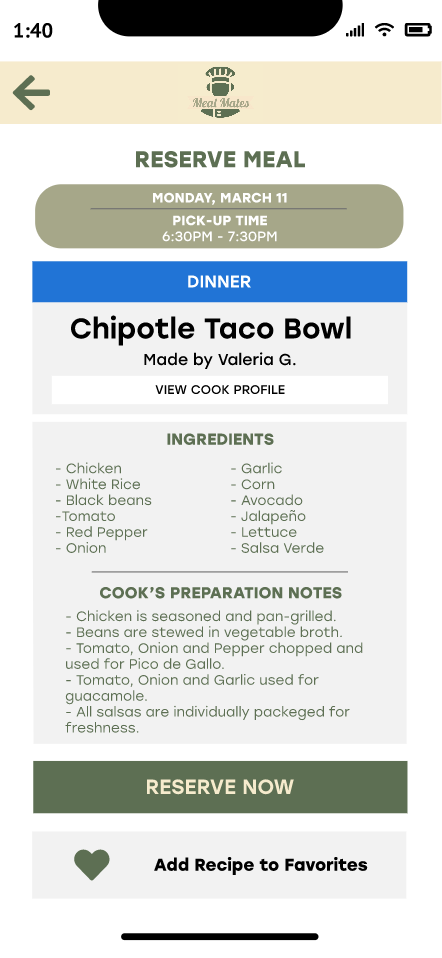 Screen display of a mobile app for Meal Mates, showing a reservation for a Chipotle Taco Bowl dinner on Monday, March 11, with pickup time from 6:30 to 7:30 pm, including ingredient list and preparation notes.