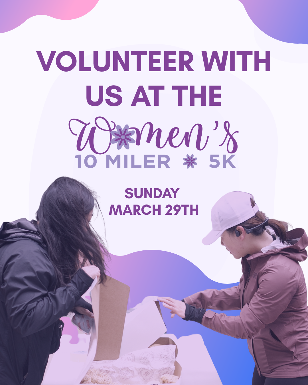 Event promotion poster for the 2026 Women's 10 Miler & 5k in Boston, with participants preparing race packets.