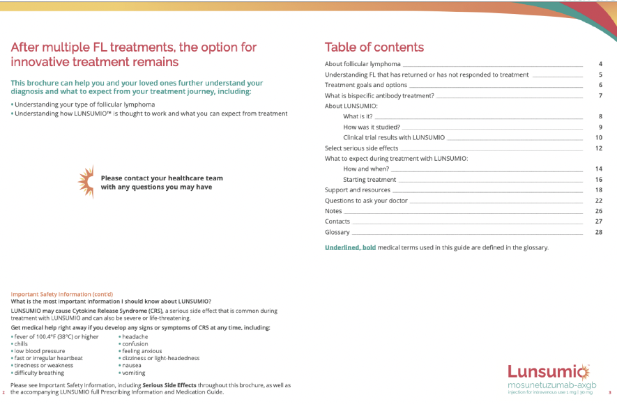 Table of contents and informational section in a brochure about lymphoma diagnosis and treatment with Lunsumi, including safety information and contact details.