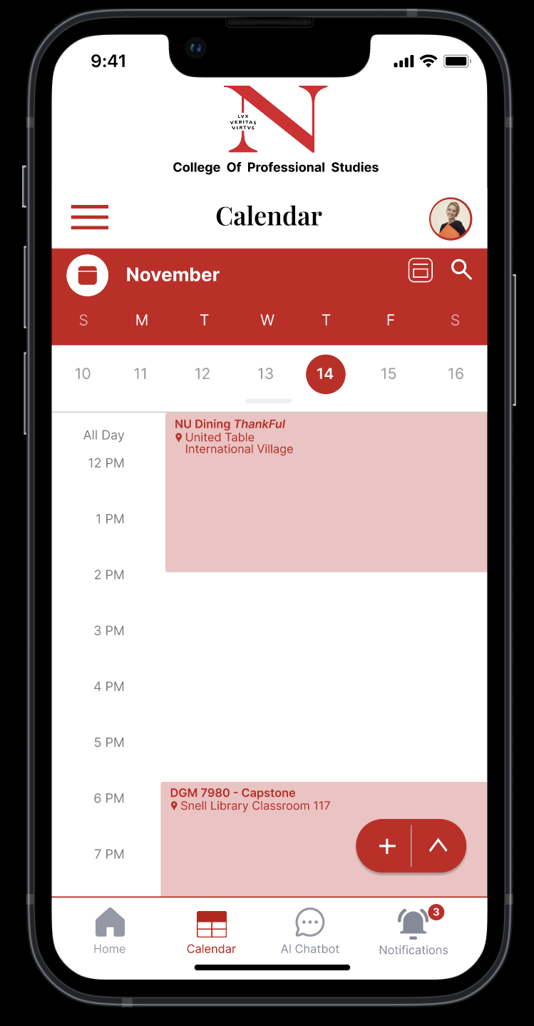 Mobile app interface for the College of Professional Studies Student App, displaying a calendar view showing scheduled events for November, including a dinner event and a class in the library.