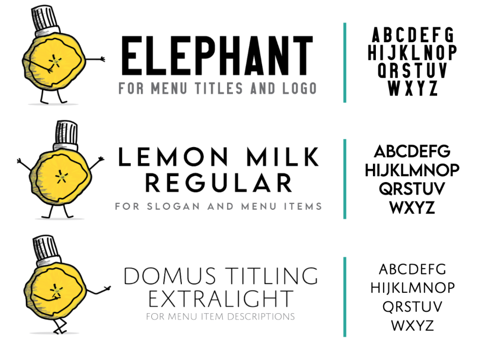 Illustration of a lemon with a face, arms, and legs, showcasing different font styles for menu titles and descriptions.