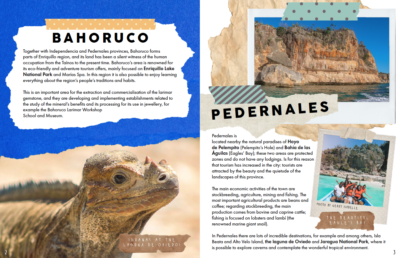 Page from a travel guide about Bahoruco and Pedernales regions in the Dominican Republic. Includes a photo of a mountain cliff along the coast, a group of people in a boat at the beach, and a close-up of a iguana with a label that says "Iguanas at the Laguna de Oviedo."