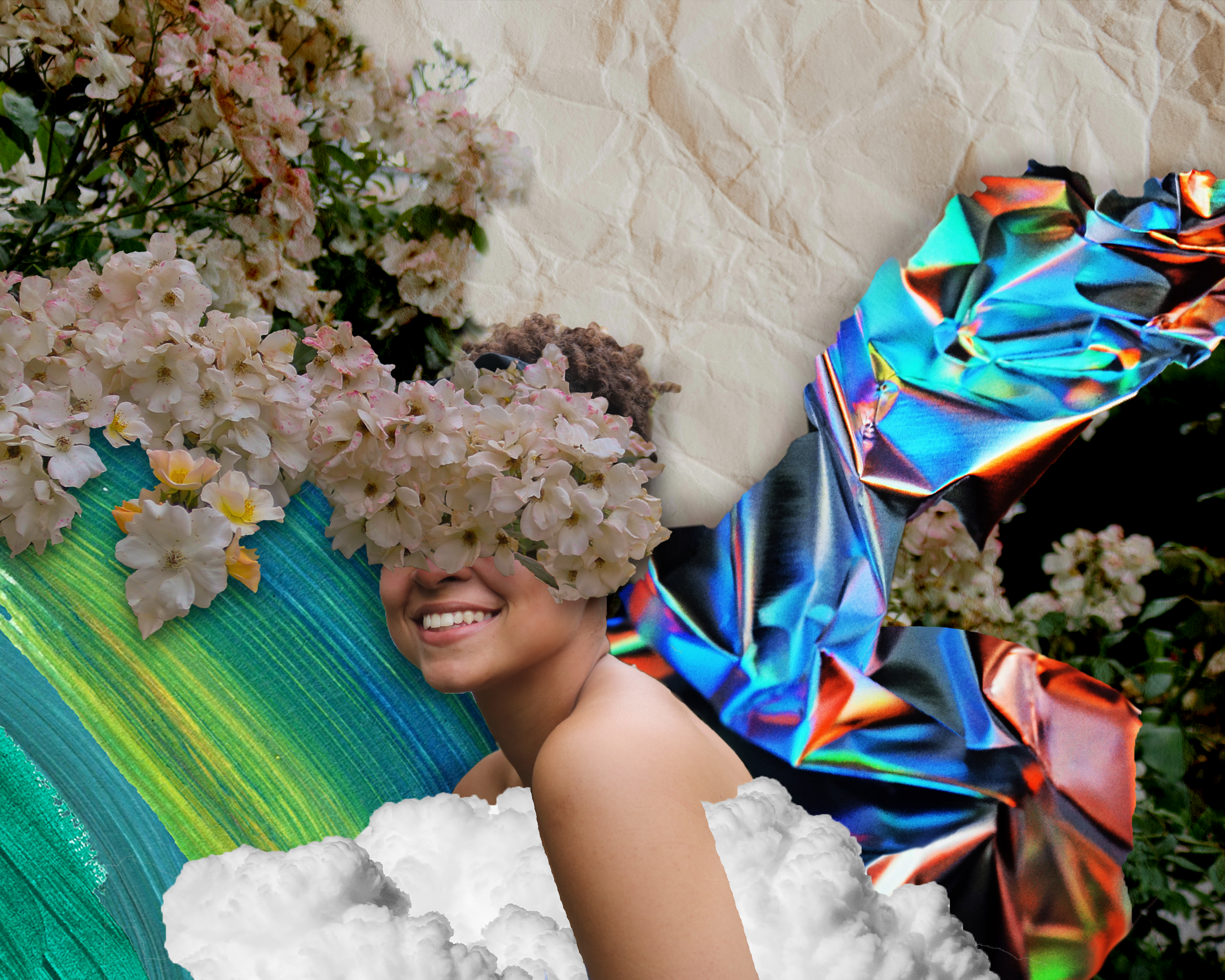 A photo collage representing the artist, including a woman's smile with curly hair, a large bouquet of pink and white flowers, colorful, iridescent fabric and drawn clouds in the foreground.