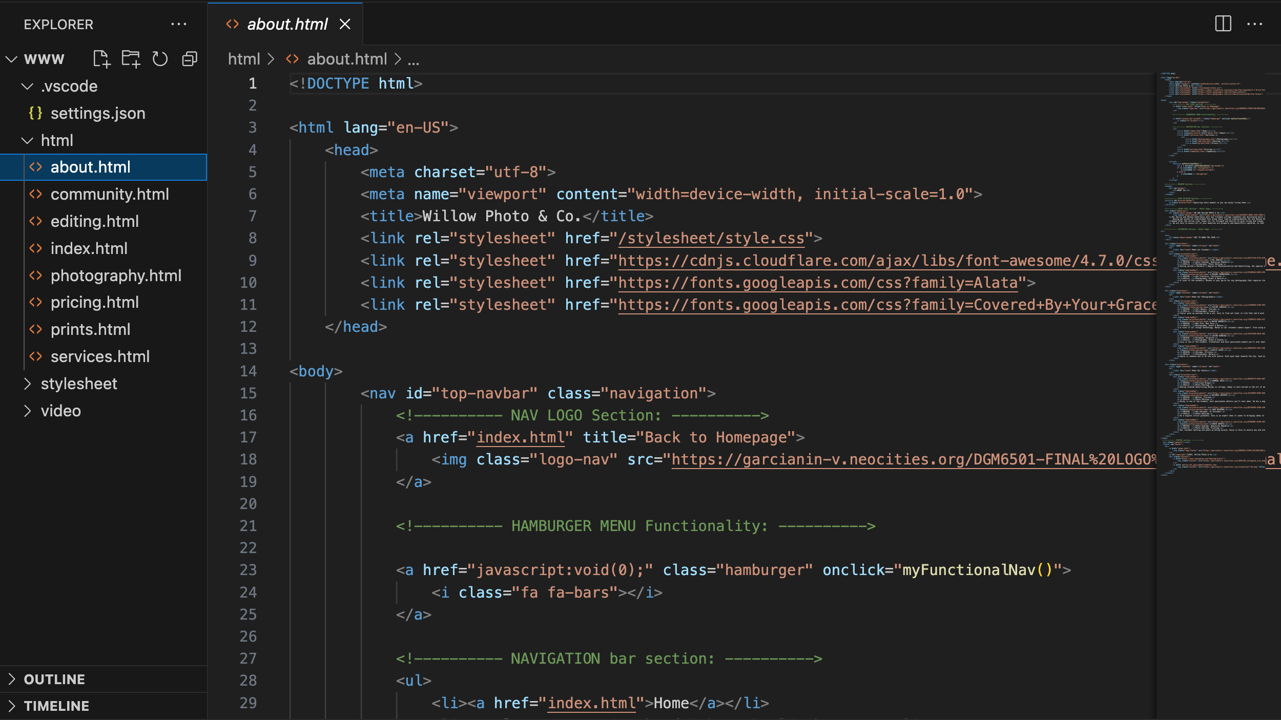 Screenshot of a computer screen displaying an HTML code editor with an open file named 'about.html'. The code includes sections of a webpage's structure, such as the doctype declaration, head, and navigation bar with a logo image and menu items.