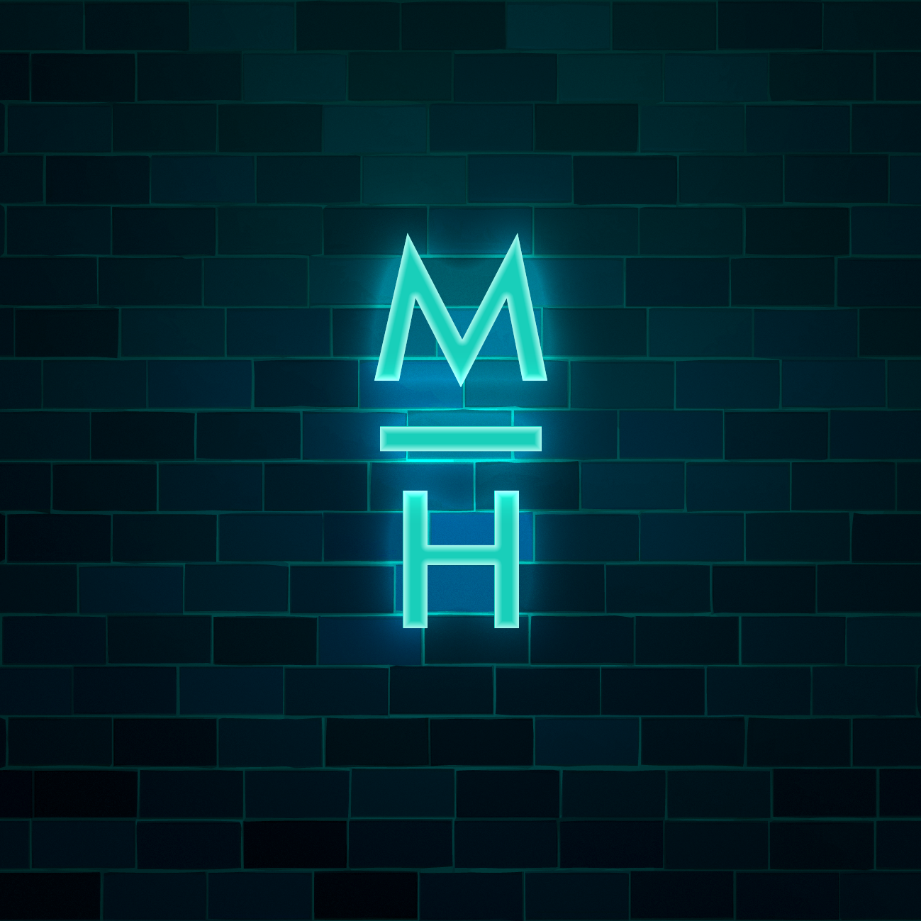 Neon sign of the letters 'M' and 'H' on a dark brick wall with glowing blue-green lights.